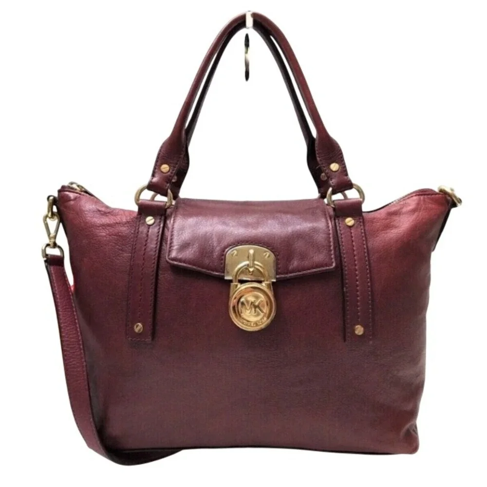Michael Kors Hamilton Maroon Leather Lock Top Handle Zipper Satchel Shoulder Bag